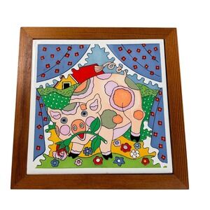 Vintage Gailstyn-Sutton Framed Ceramic Tile Whimsical Pig Rose Wall Decor 80s